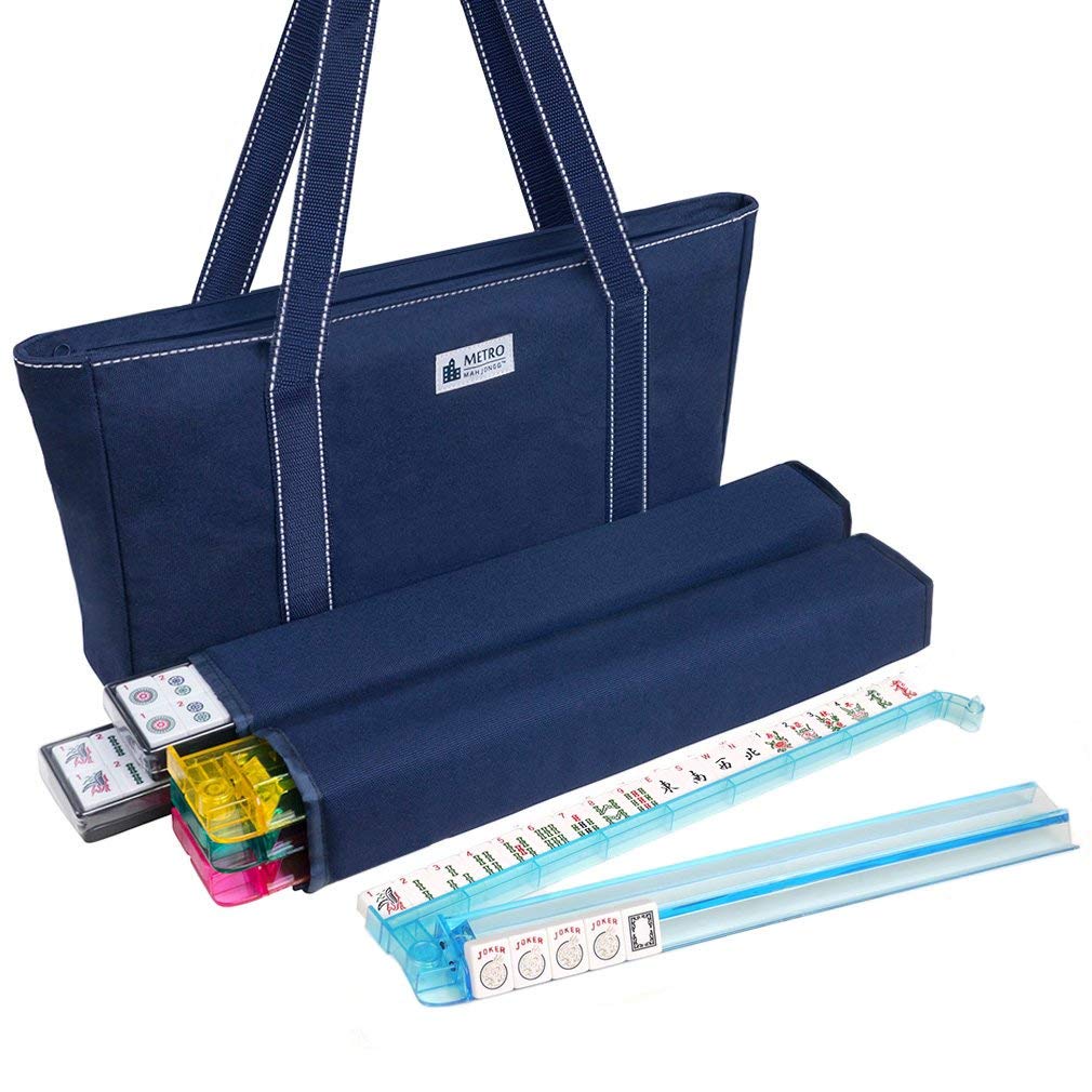 American Mah Jongg Set - 166 White Tiles, 4 Rack/Pushers, Blue Canvas Bag Q84154