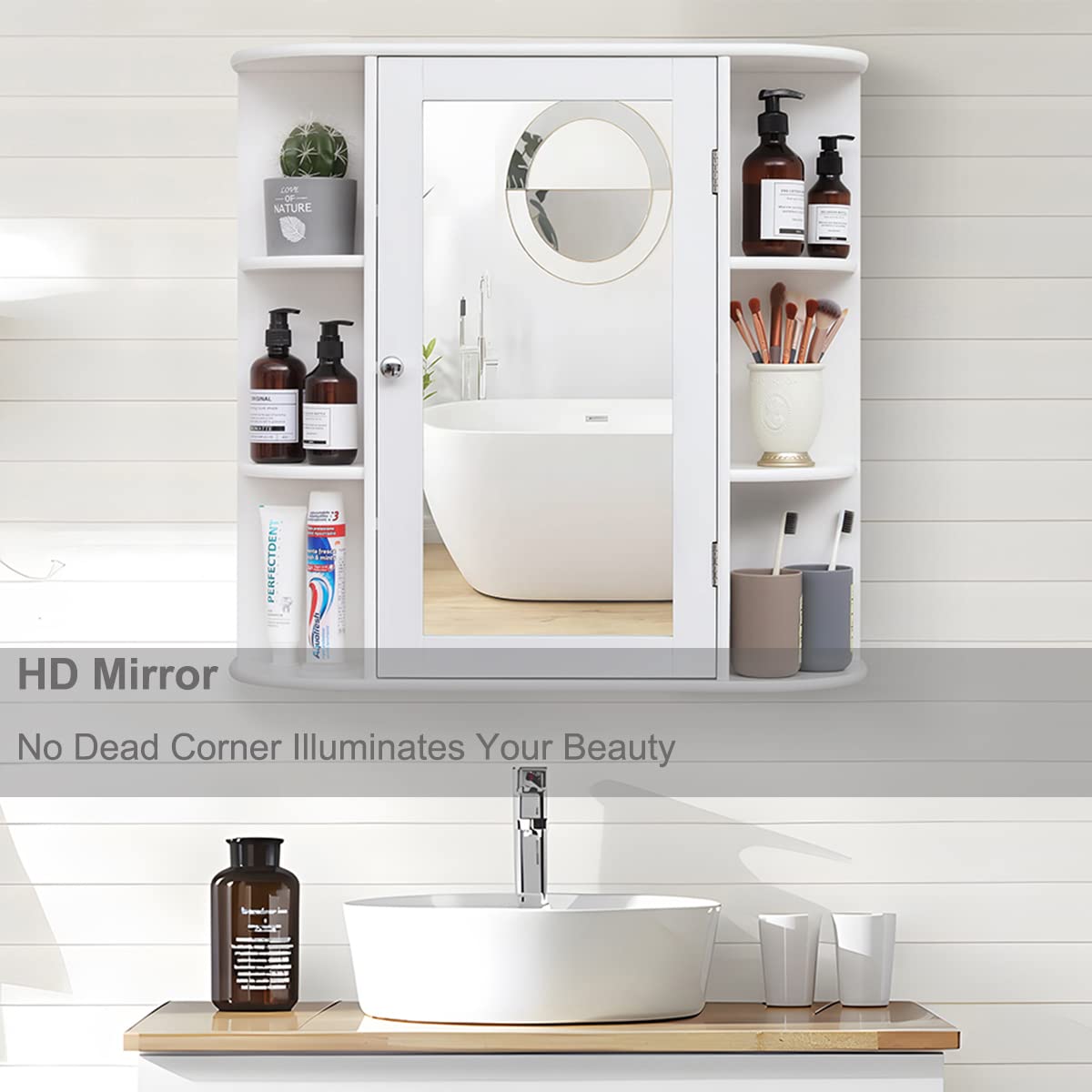 White Bathroom Medicine Cabinet with Mirror and Adjustable Shelves P229