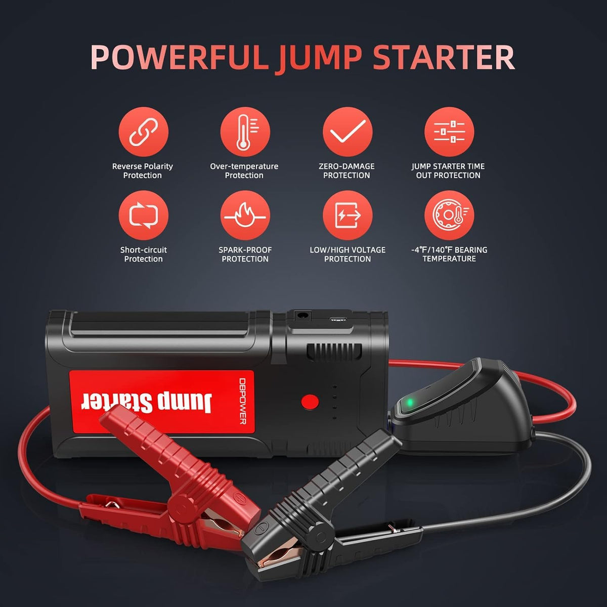 Portable 12V Car Jump Starter with Smart Clamp Cables T86800