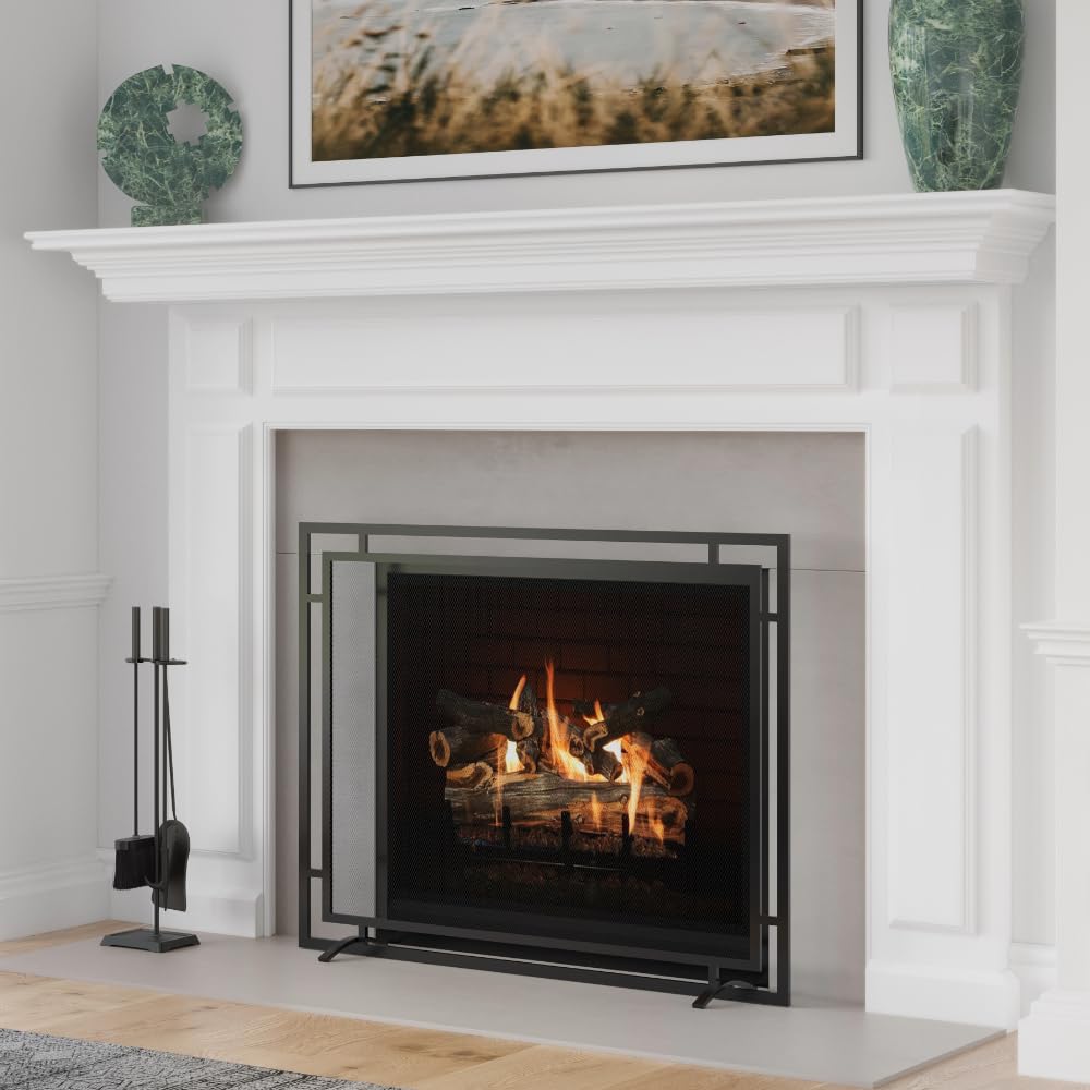 Black Single Panel Steel Mesh Fireplace Screen X340
