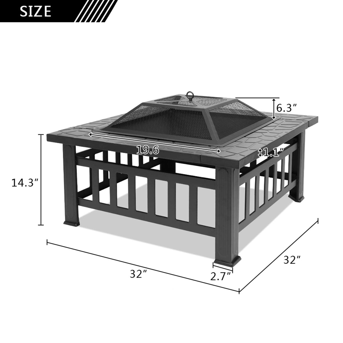Black 32" Wood Burning Fire Pit Table with Grate, Poker and Spark Screen Cover P2357
