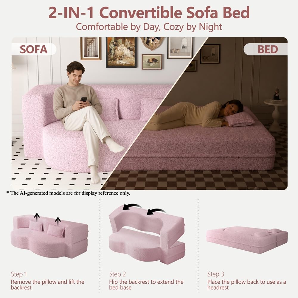 Pink Full Size Sherpa Futon Sofa Bed O68889