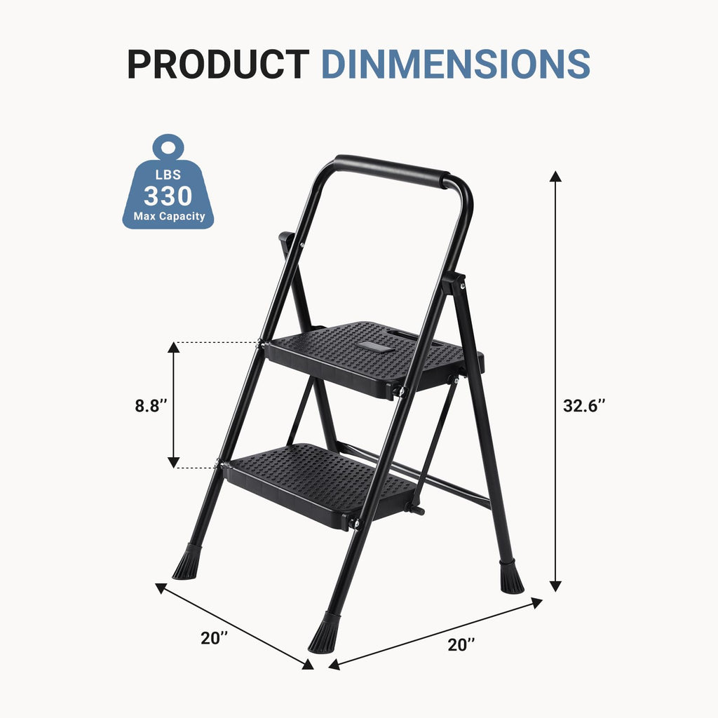 2 Step Stool with Anti-Slip Pedal & Handrail, 330lbs, Black I30175