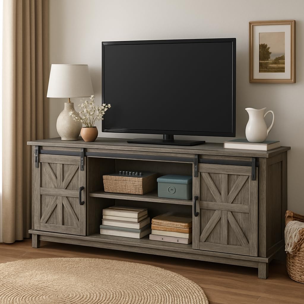 Farmhouse TV Stand Cabinet for 75" Television with Adjustable Shelf & Sliding Barn Doors Y794176