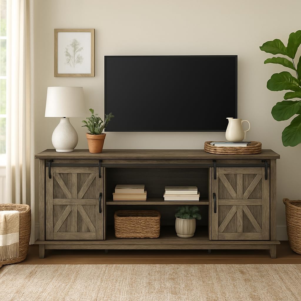 Farmhouse TV Stand Cabinet for 75" Television with Adjustable Shelf & Sliding Barn Doors Y794176