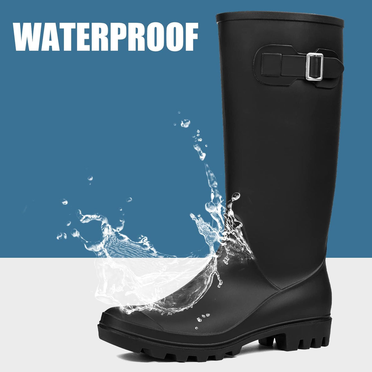 Women's Tall Waterproof Rubber Wide Calf Rain Boots I2542