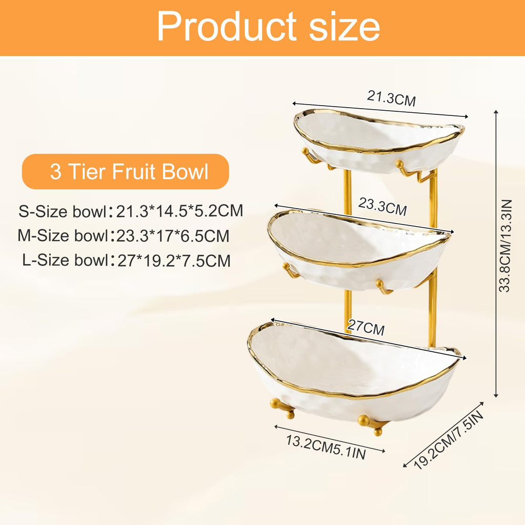 3 Tier Ceramic Fruit Bowl with Gold Metal Stand H9541