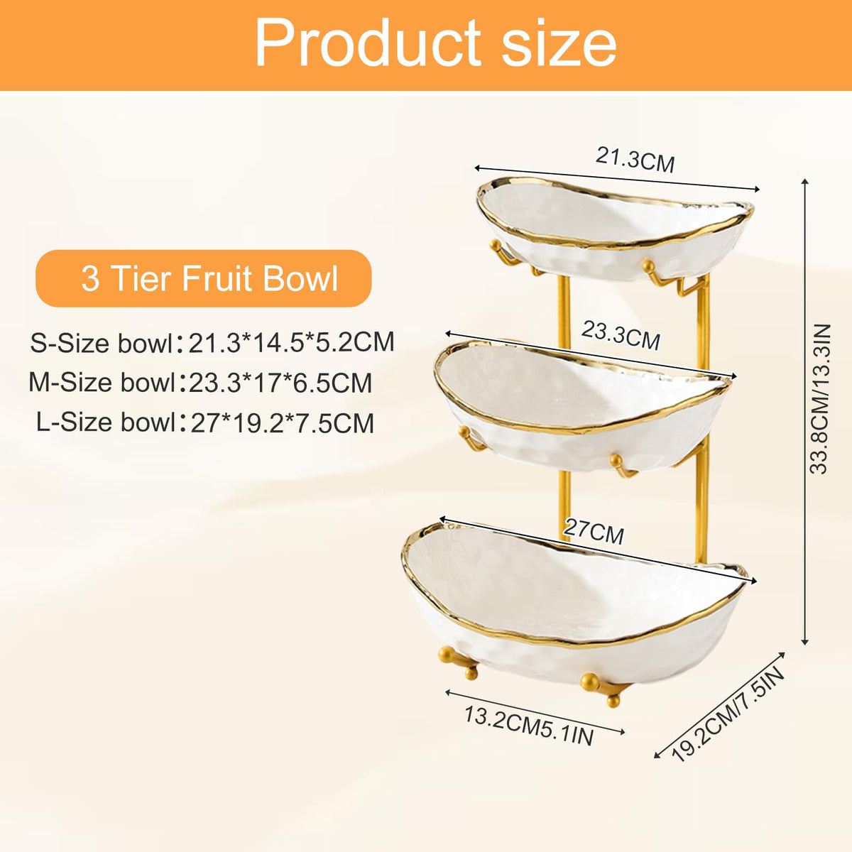 3 Tier Ceramic Fruit Bowl with Gold Metal Stand H9541