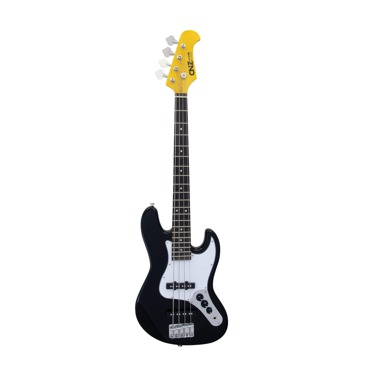 Black Mini Electric Bass Guitar with Maple Neck, Rosewood Fingerboard & White Pickguard I248604