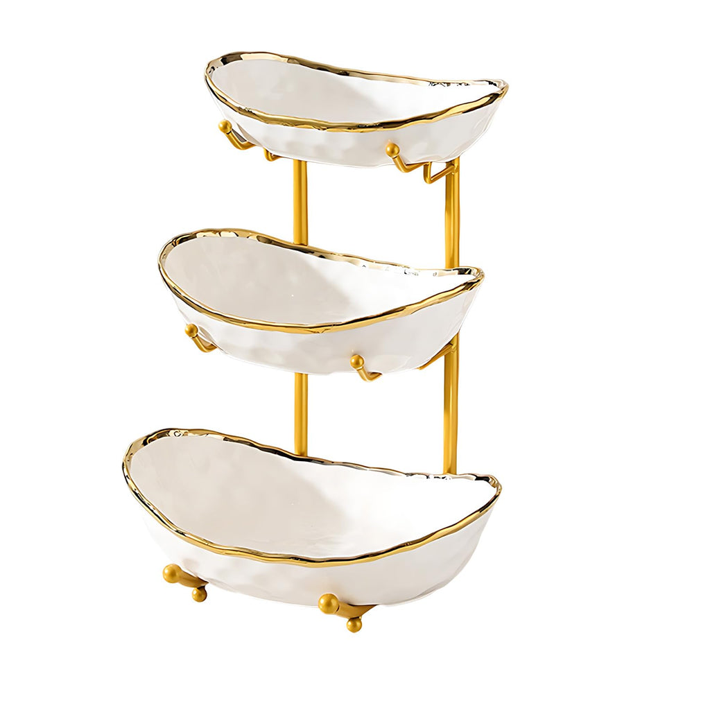 3 Tier Ceramic Fruit Bowl with Gold Metal Stand H9541