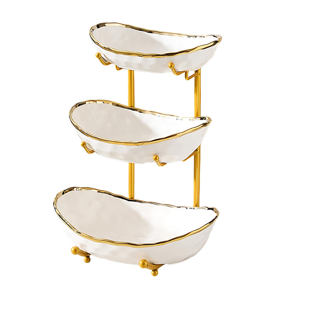 3 Tier Ceramic Fruit Bowl with Gold Metal Stand H9541