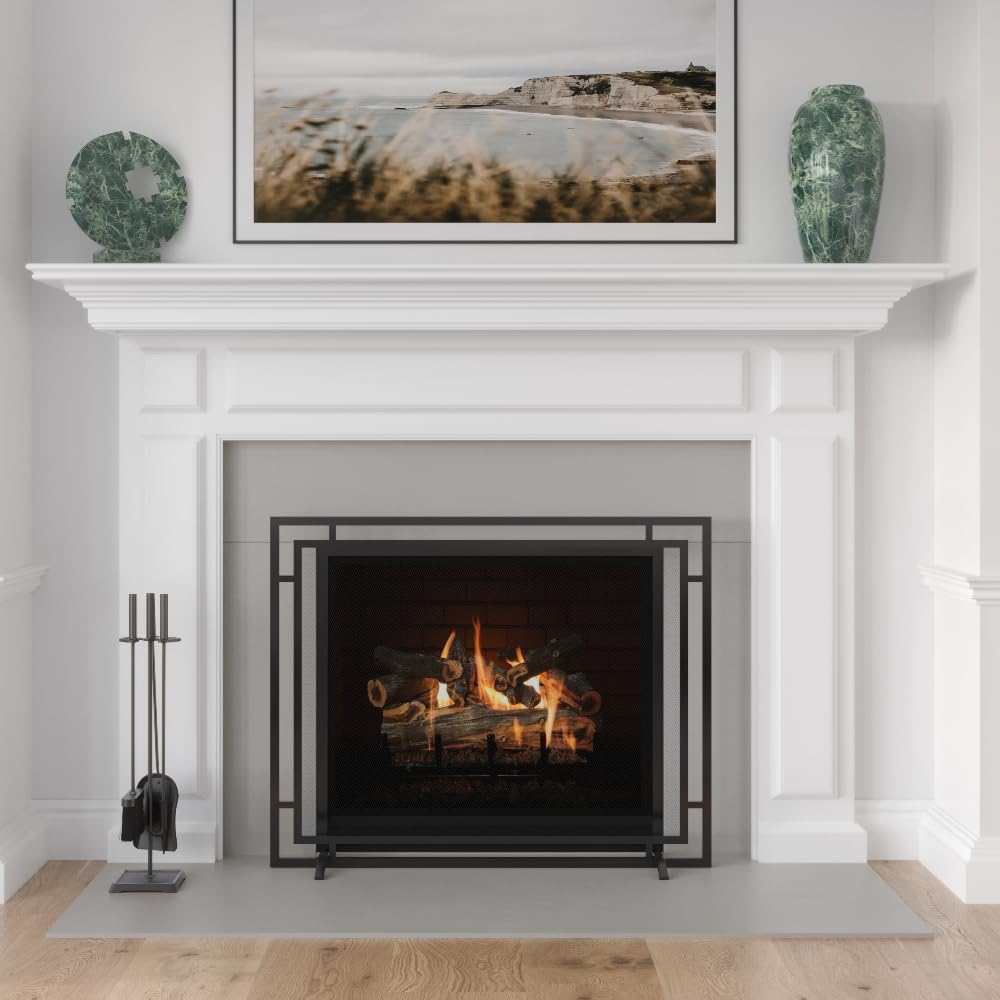 Black Single Panel Steel Mesh Fireplace Screen X340