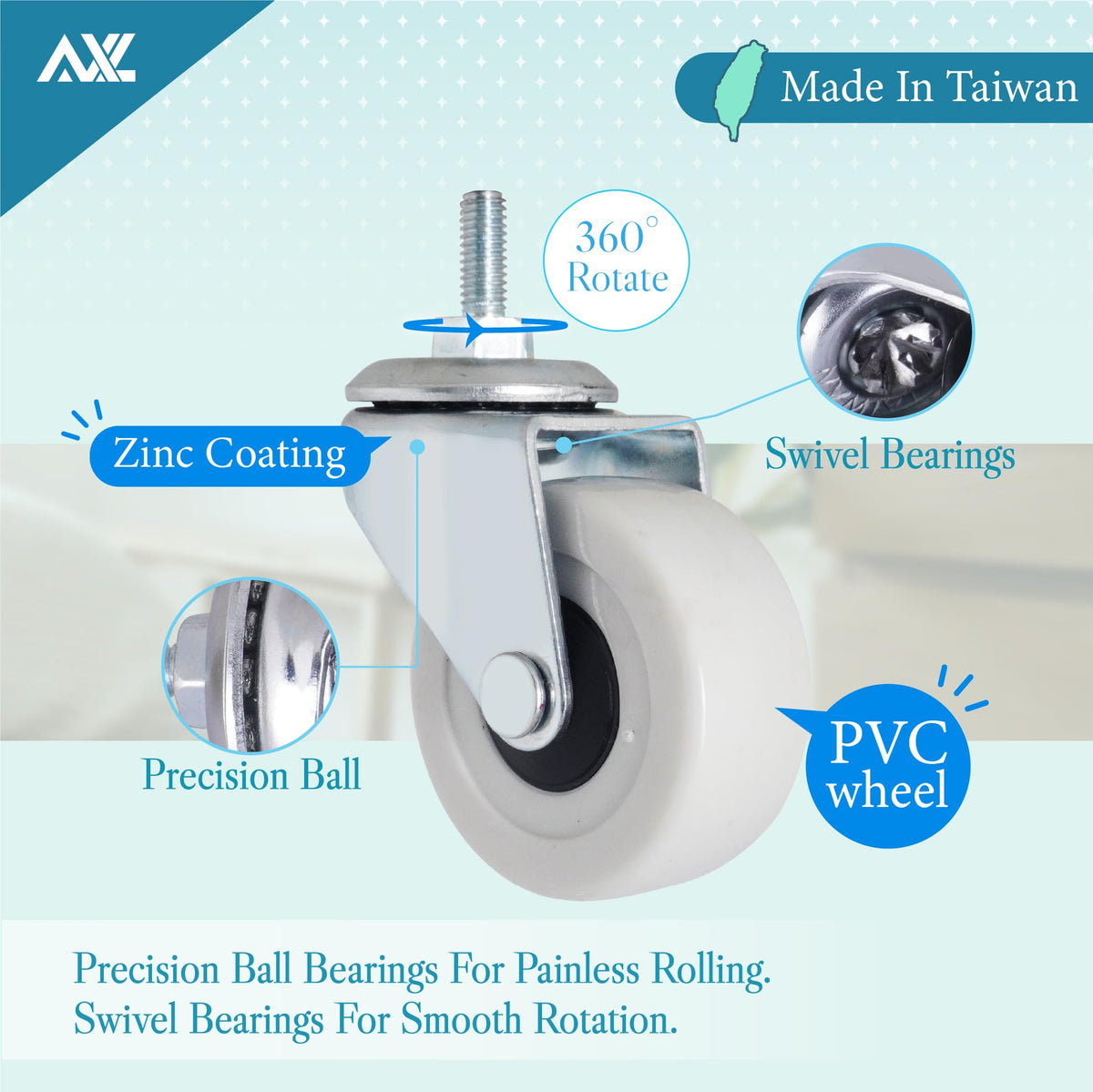 2 Inch PVC Threaded Stem Caster Wheels, Set of 4 J5188