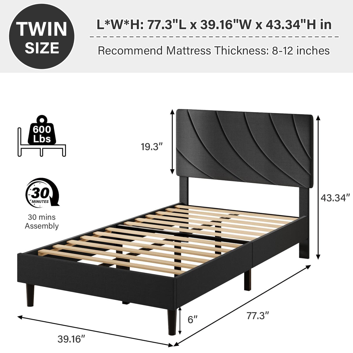 Twin Bed Frame with Adjustable Headboard, Black U931678