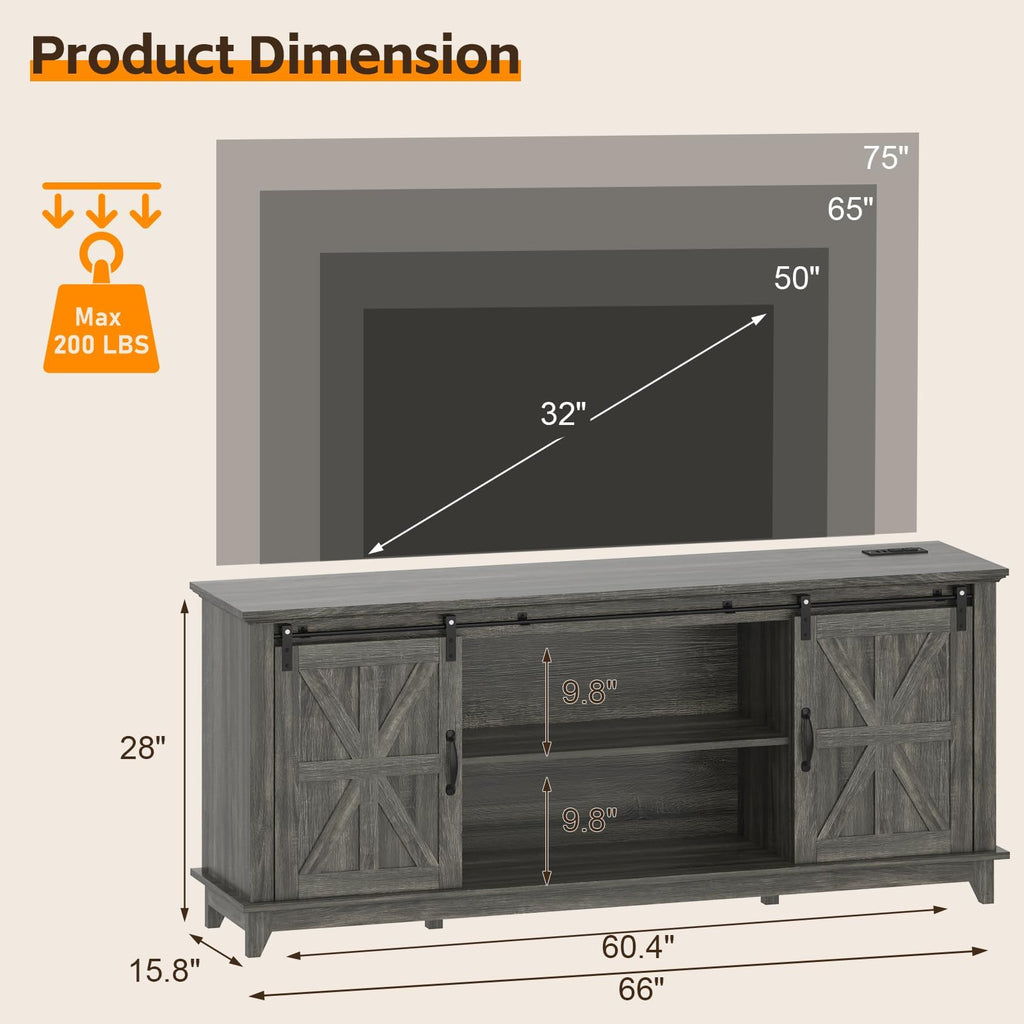 Farmhouse TV Stand Cabinet for 75" Television with Adjustable Shelf & Sliding Barn Doors Y794176