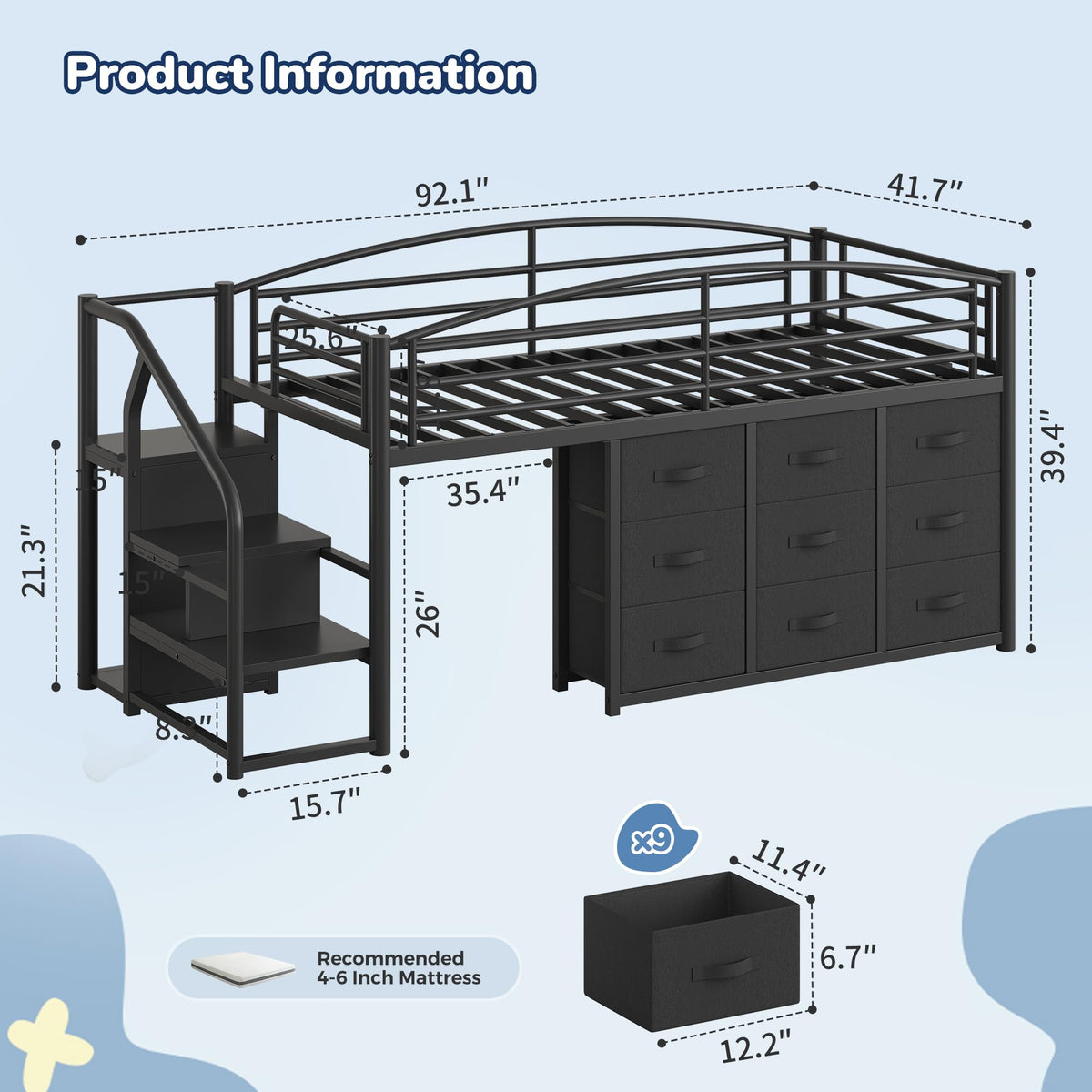 Twin Metal Loft Bed with 9 Storage Drawers and Guardrail A4613