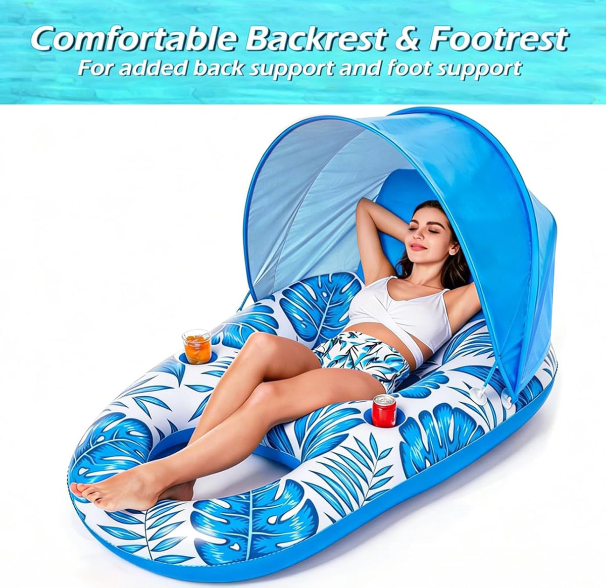 Inflatable Pool Float Lounger with Canopy and Cup Holders L7549