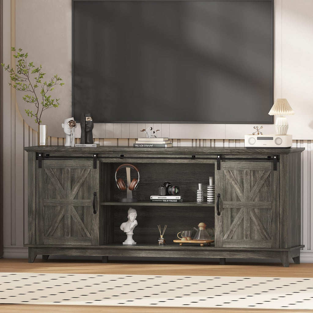 Farmhouse TV Stand Cabinet for 75" Television with Adjustable Shelf & Sliding Barn Doors Y794176