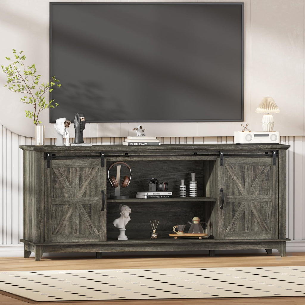 Farmhouse TV Stand Cabinet for 75" Television with Adjustable Shelf & Sliding Barn Doors Y794176
