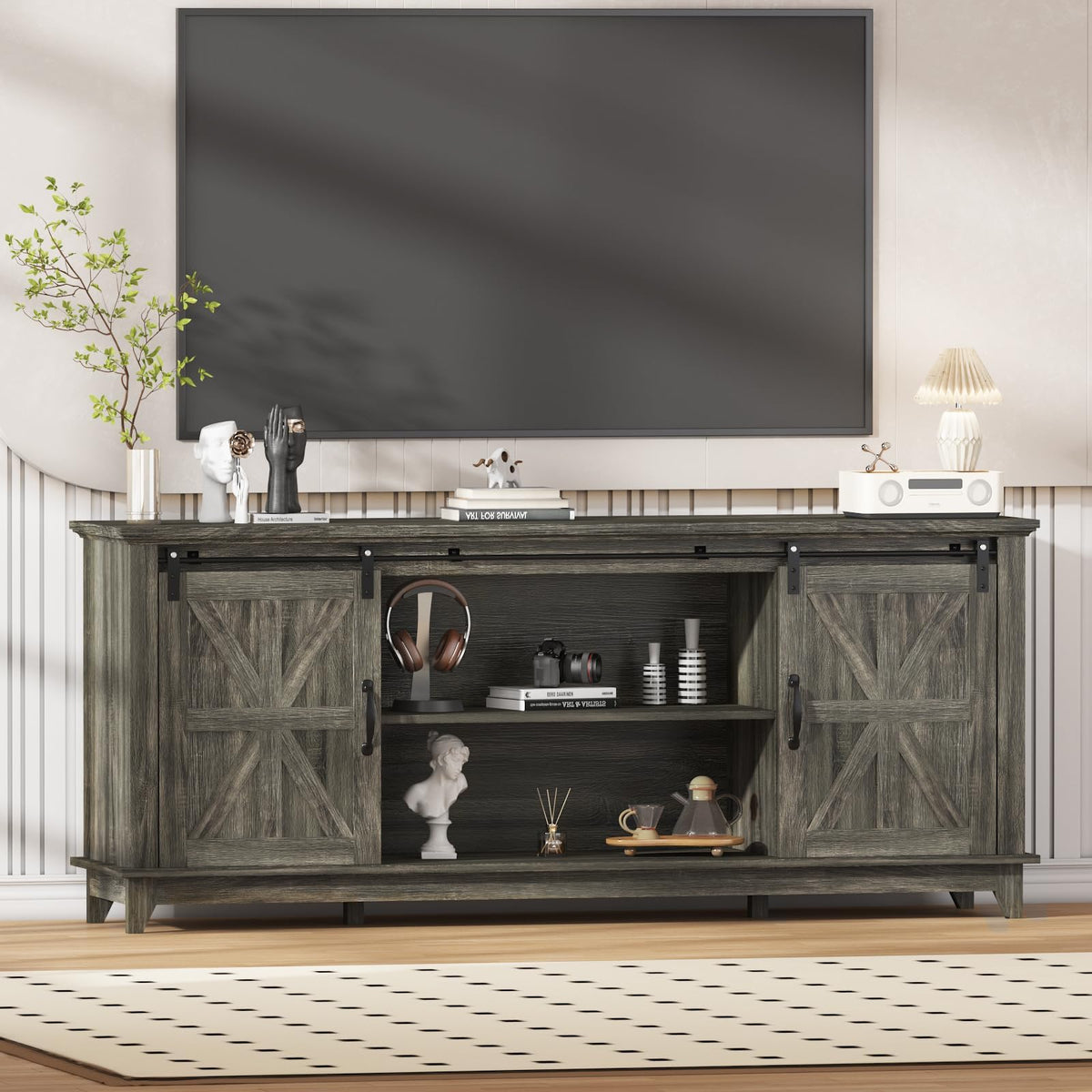 Farmhouse TV Stand Cabinet for 75" Television with Adjustable Shelf & Sliding Barn Doors Y794176