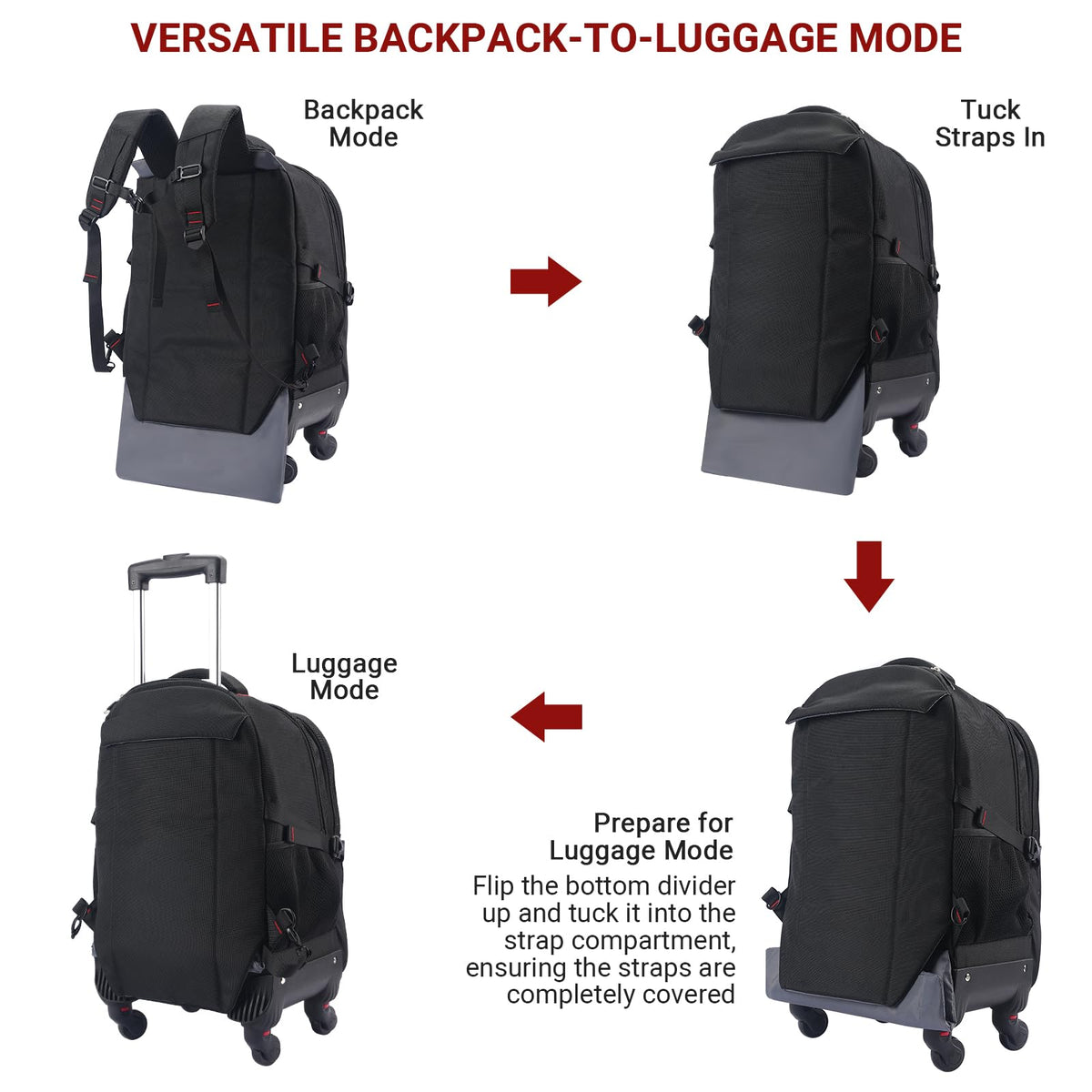 Rolling Backpack with 4 Extra Wheels, Water-Resistant Underseat Travel Luggage R92804