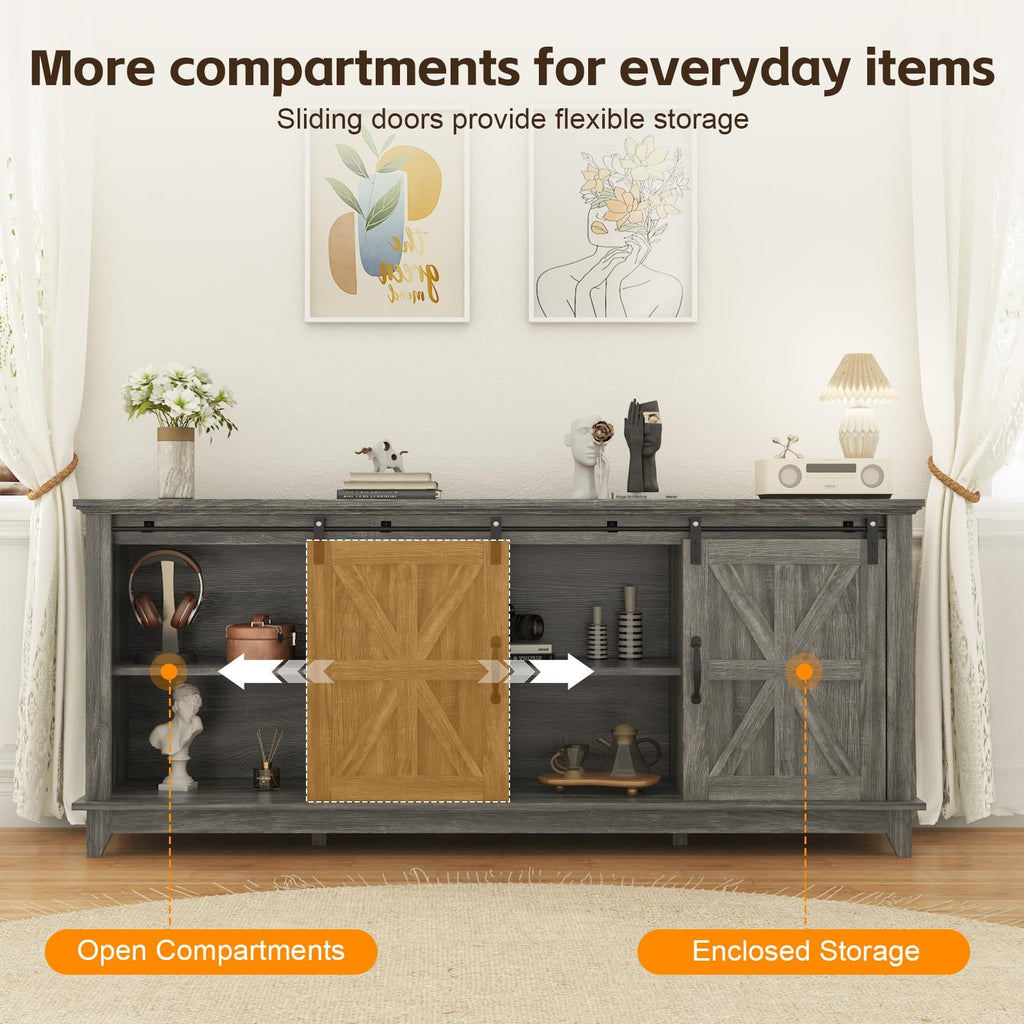 Farmhouse TV Stand Cabinet for 75" Television with Adjustable Shelf & Sliding Barn Doors Y794176