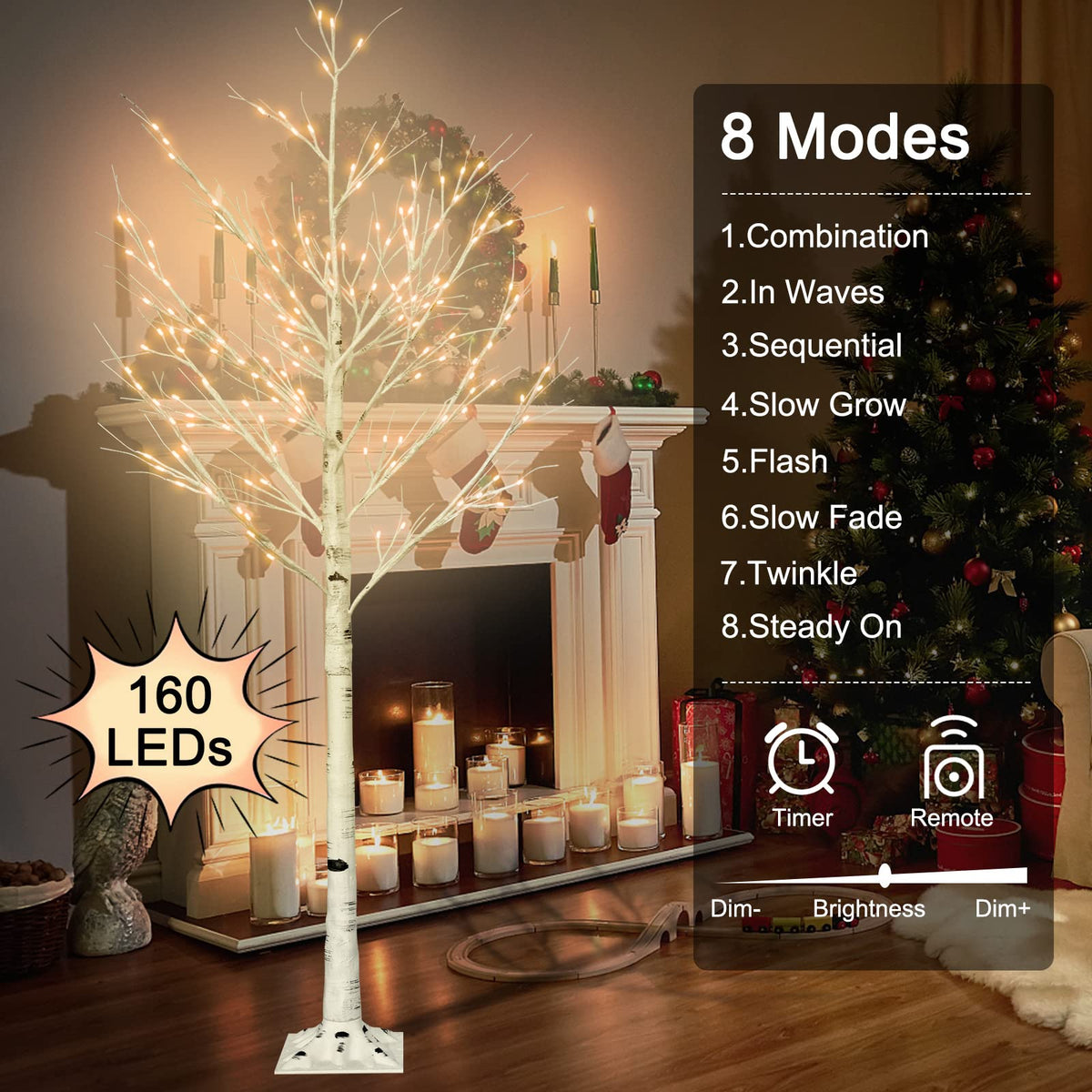 6FT Lighted Birch Tree with 160 LEDs Warm White Lights A33450