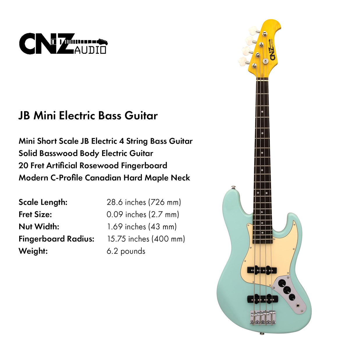 Black Mini Electric Bass Guitar with Maple Neck, Rosewood Fingerboard & White Pickguard I248604