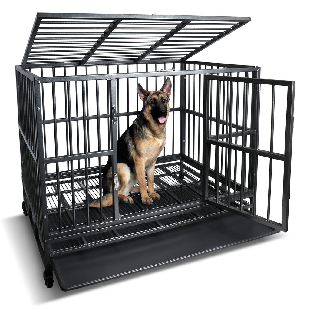 42 inch Heavy Duty Metal Dog Cage with Double Doors & Lockable Wheels C6141