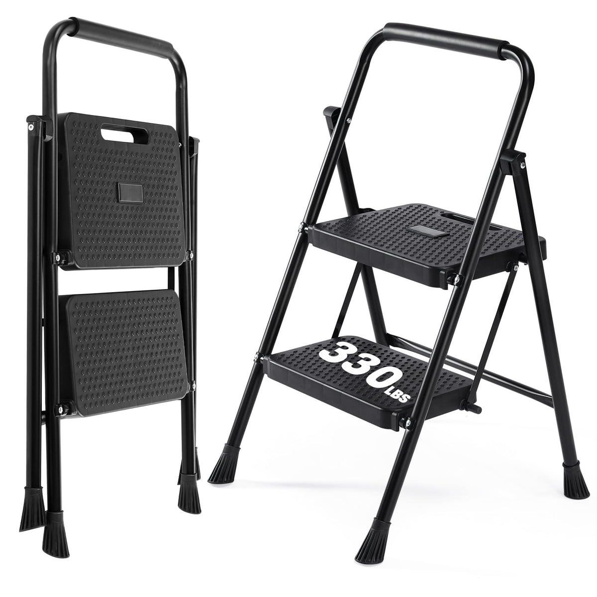 2 Step Stool with Anti-Slip Pedal & Handrail, 330lbs, Black I30175