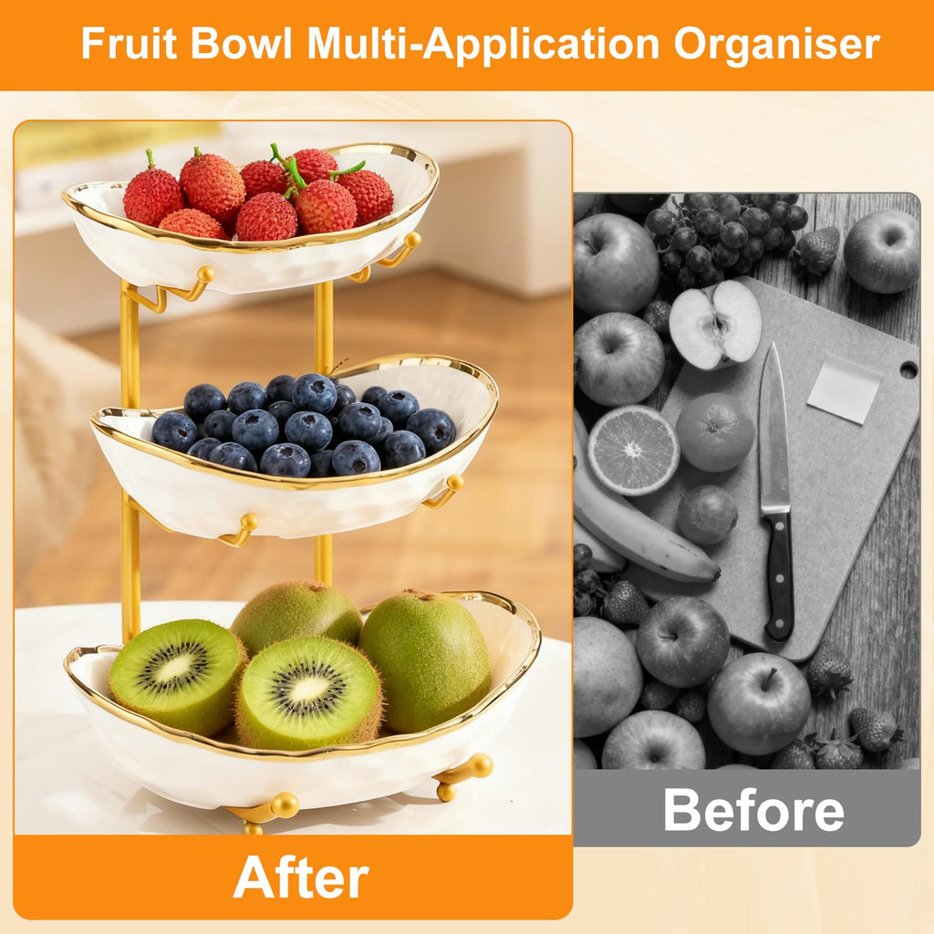 3 Tier Ceramic Fruit Bowl with Gold Metal Stand H9541