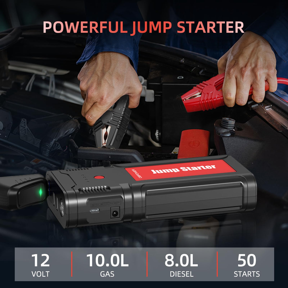 Portable 12V Car Jump Starter with Smart Clamp Cables T86800