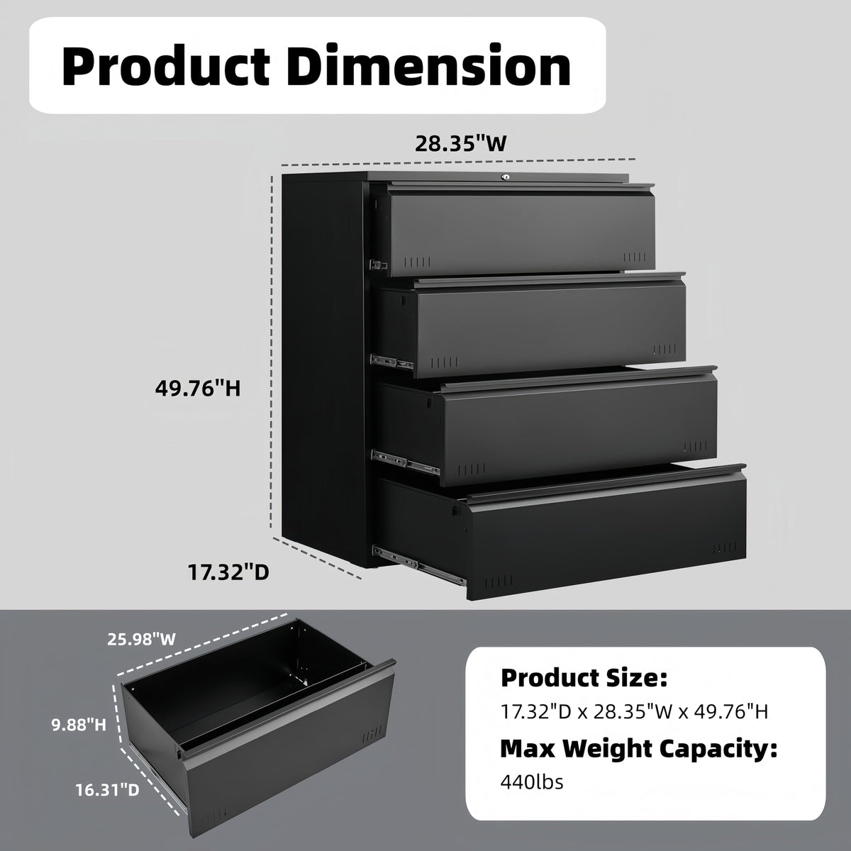 Metal File Cabinet with Lock, 4 Drawer Heavy Duty Office Storage Cabinet J948926