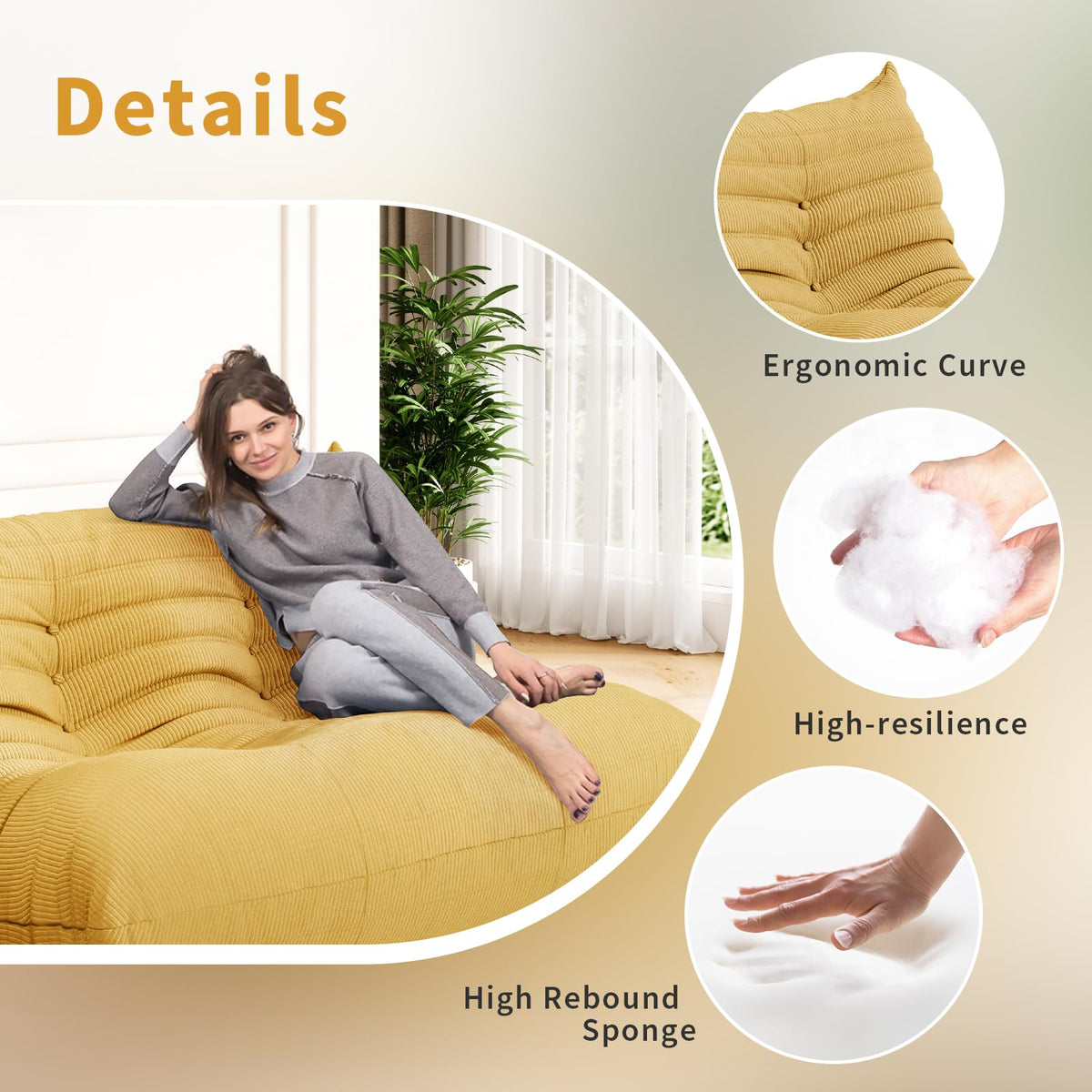Yellow Corduroy Memory Foam Bean Bag Chair P5661