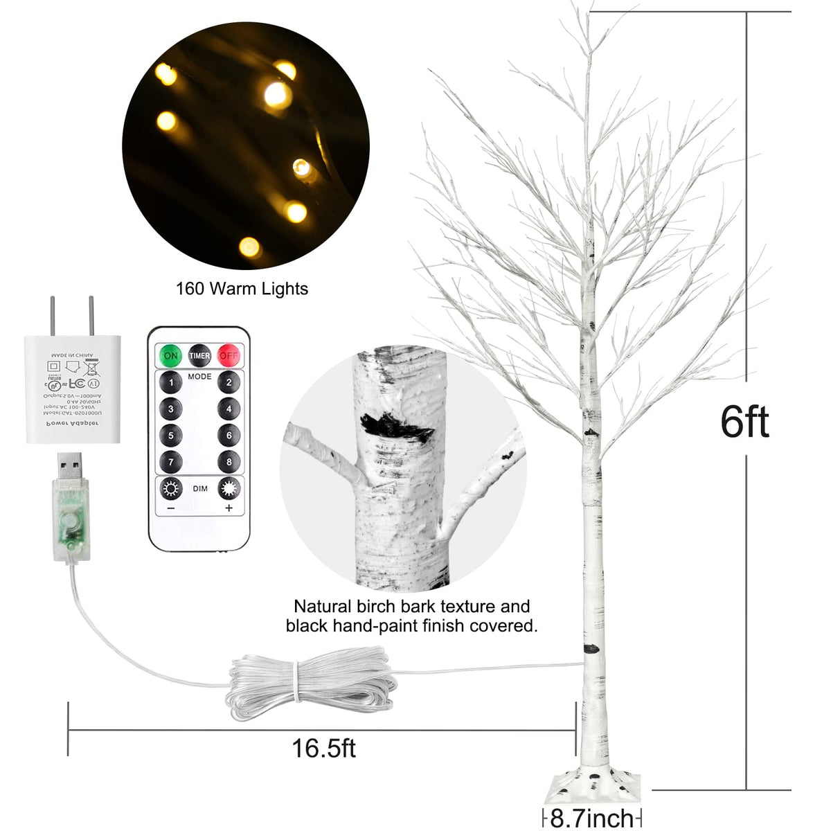 6FT Lighted Birch Tree with 160 LEDs Warm White Lights A33450