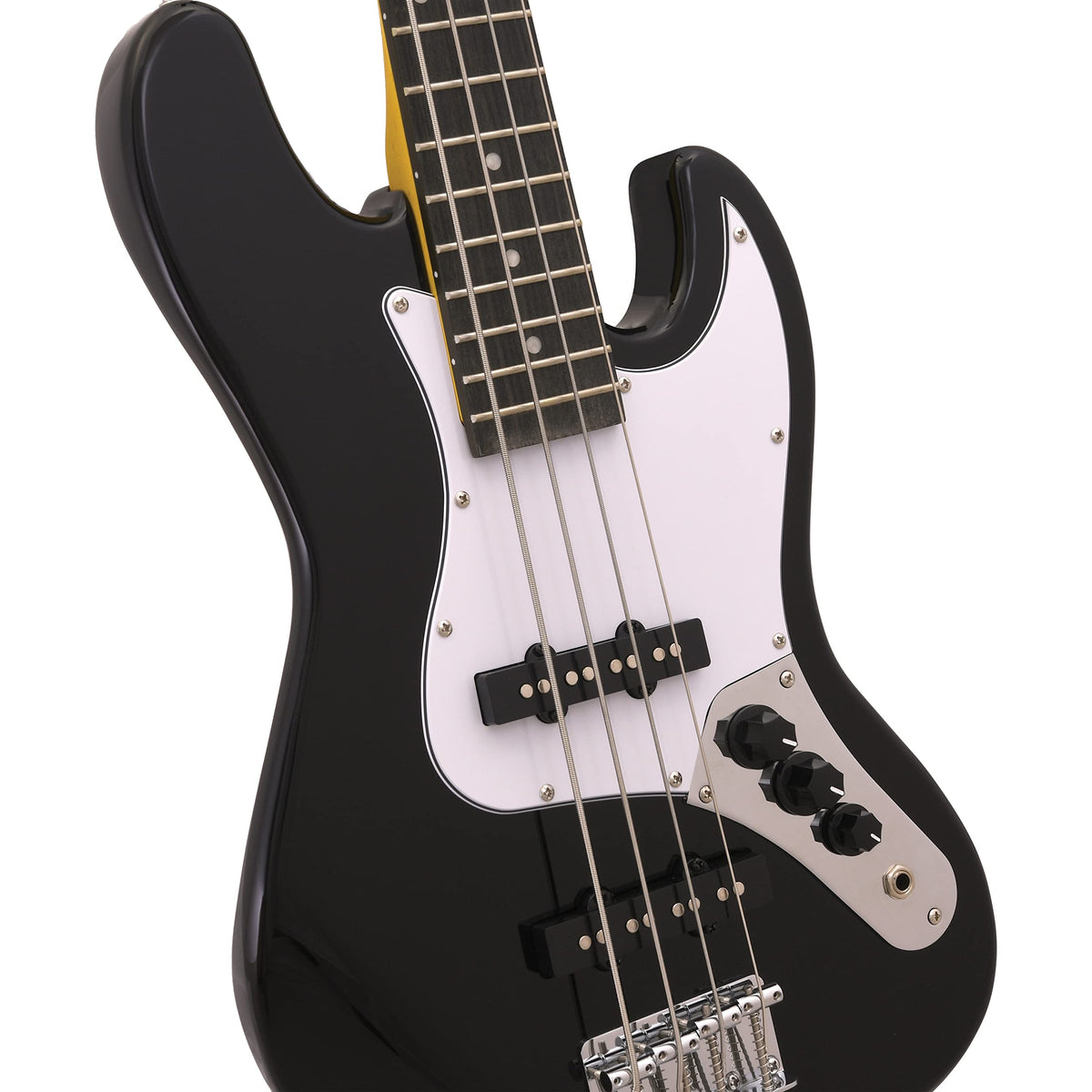 Black Mini Electric Bass Guitar with Maple Neck, Rosewood Fingerboard & White Pickguard I248604
