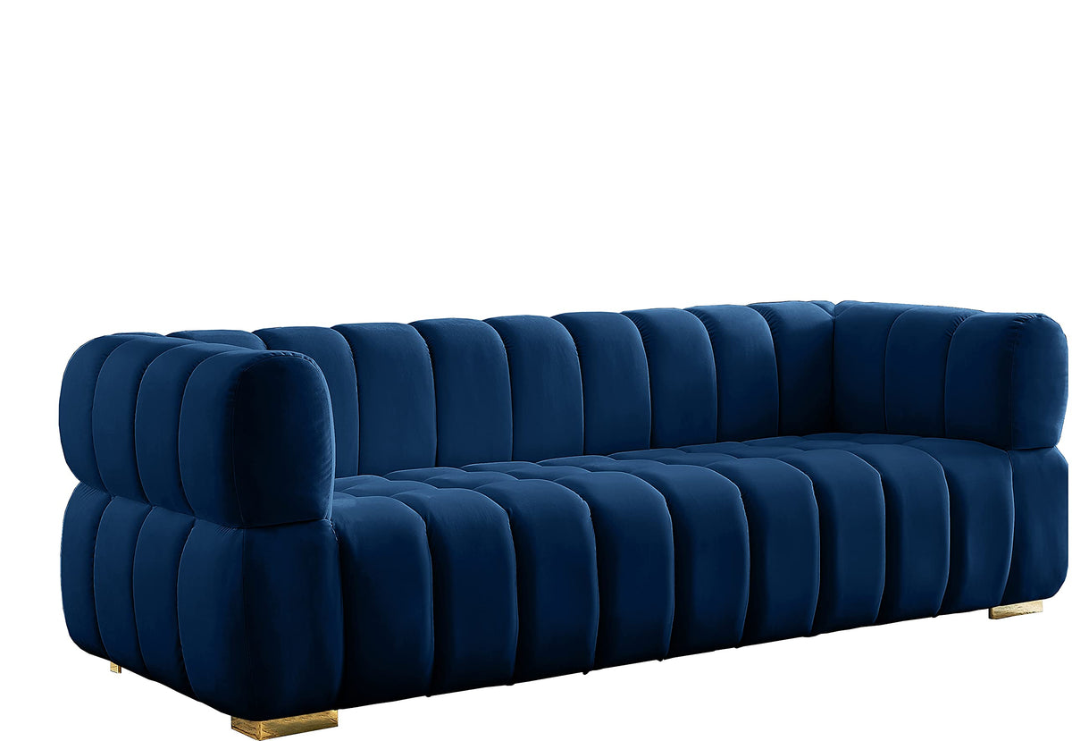 Navy Velvet Upholstered Sofa with Deep Biscuit Tufting H73014