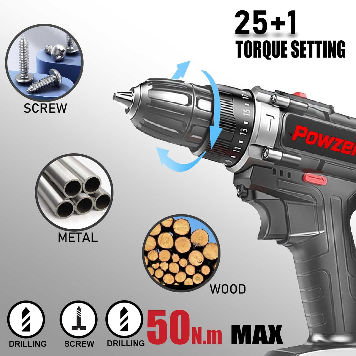 21V Brushless Cordless Power Drill with 2 Battery and Charger D2234