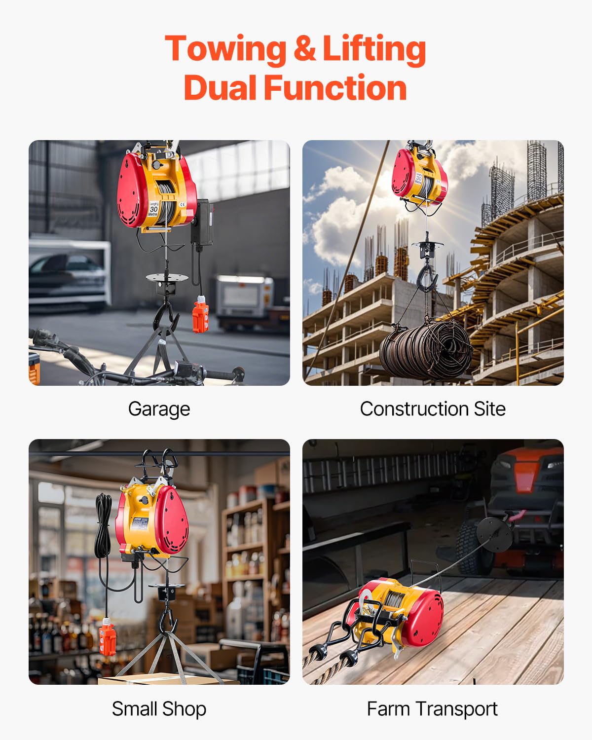 1100 lbs 1800W Portable Electric Hoist Winch with Wireless Remote Control U3180