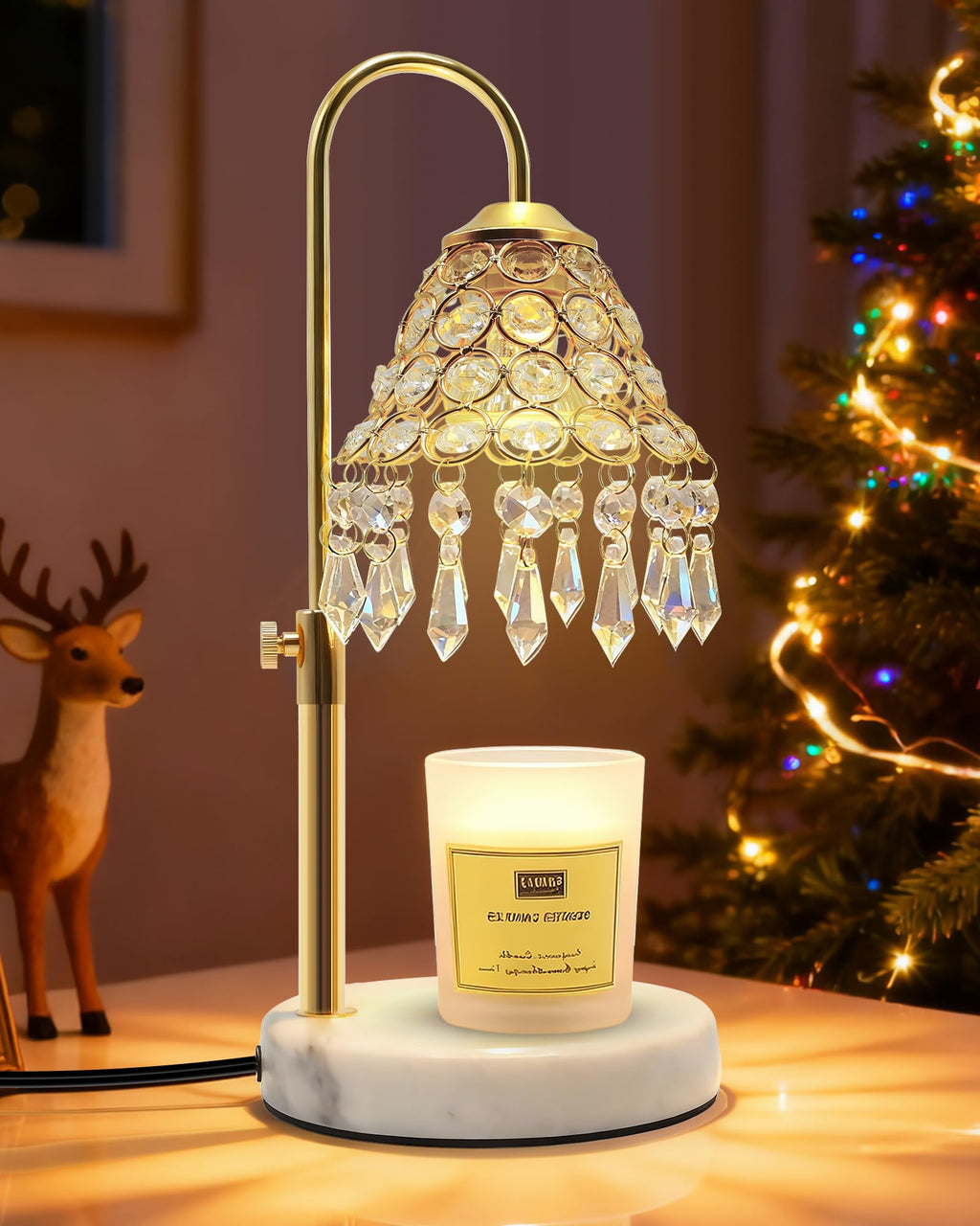 Crystal Candle Warmer Lamp with Timer, Adjustable Height, 50W Halogen Bulb, 5W Night Light, Gold V231