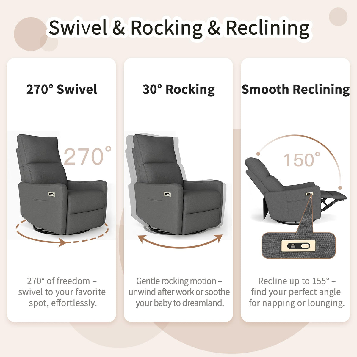 Dark Gray Velvet Swivel Recliner Chair R9064