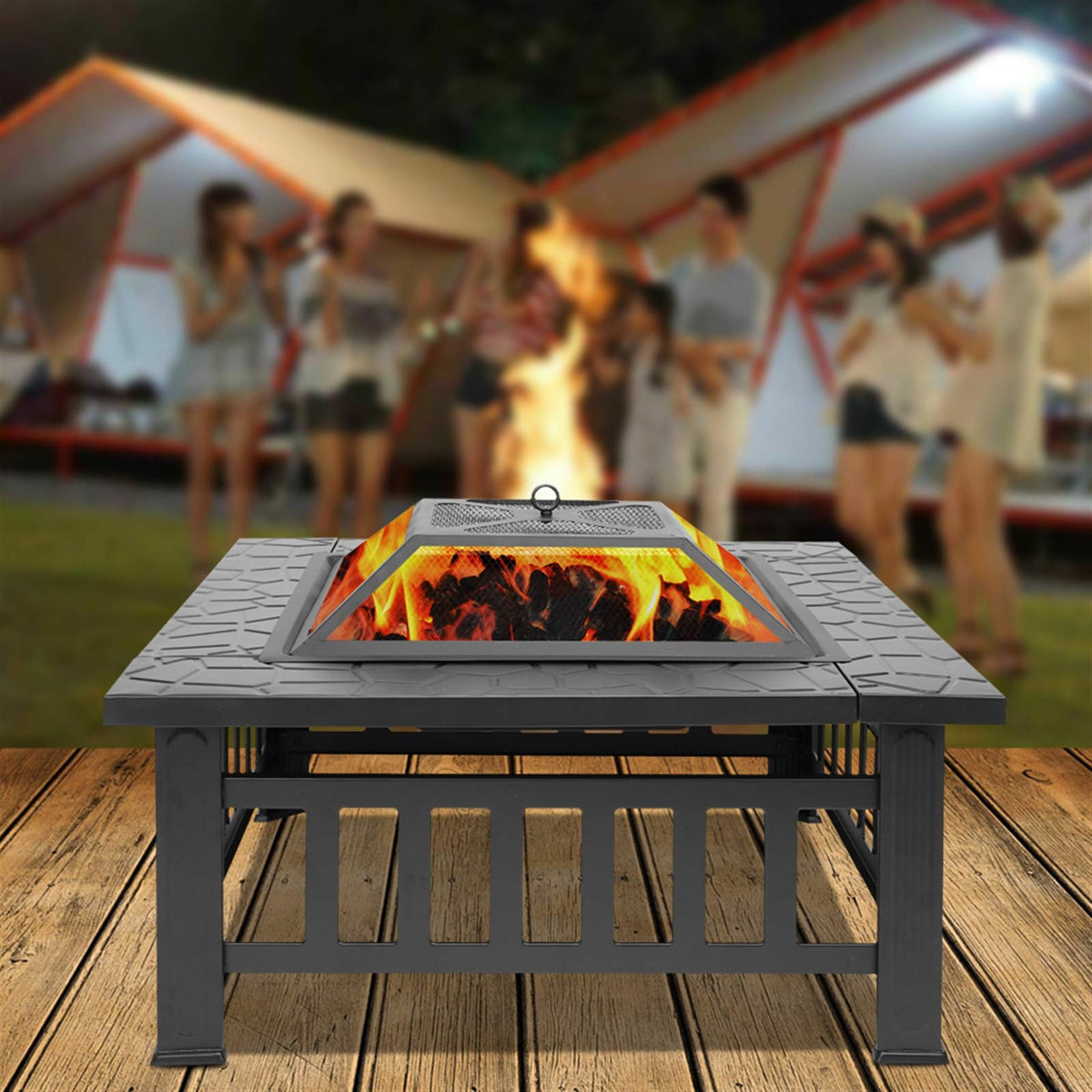 Black 32" Wood Burning Fire Pit Table with Grate, Poker and Spark Screen Cover P2357