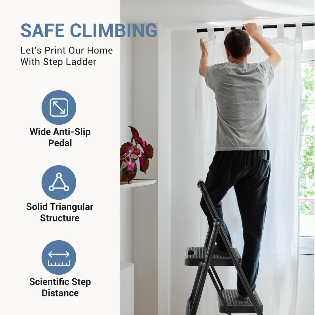 2 Step Stool with Anti-Slip Pedal & Handrail, 330lbs, Black I30175