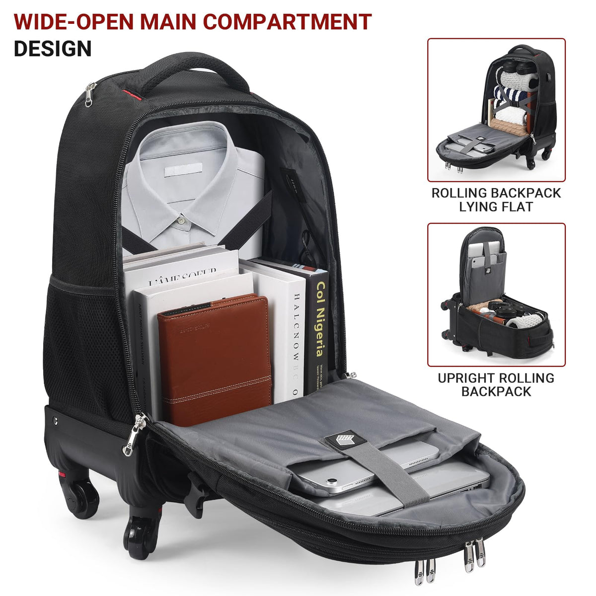 Rolling Backpack with 4 Extra Wheels, Water-Resistant Underseat Travel Luggage R92804