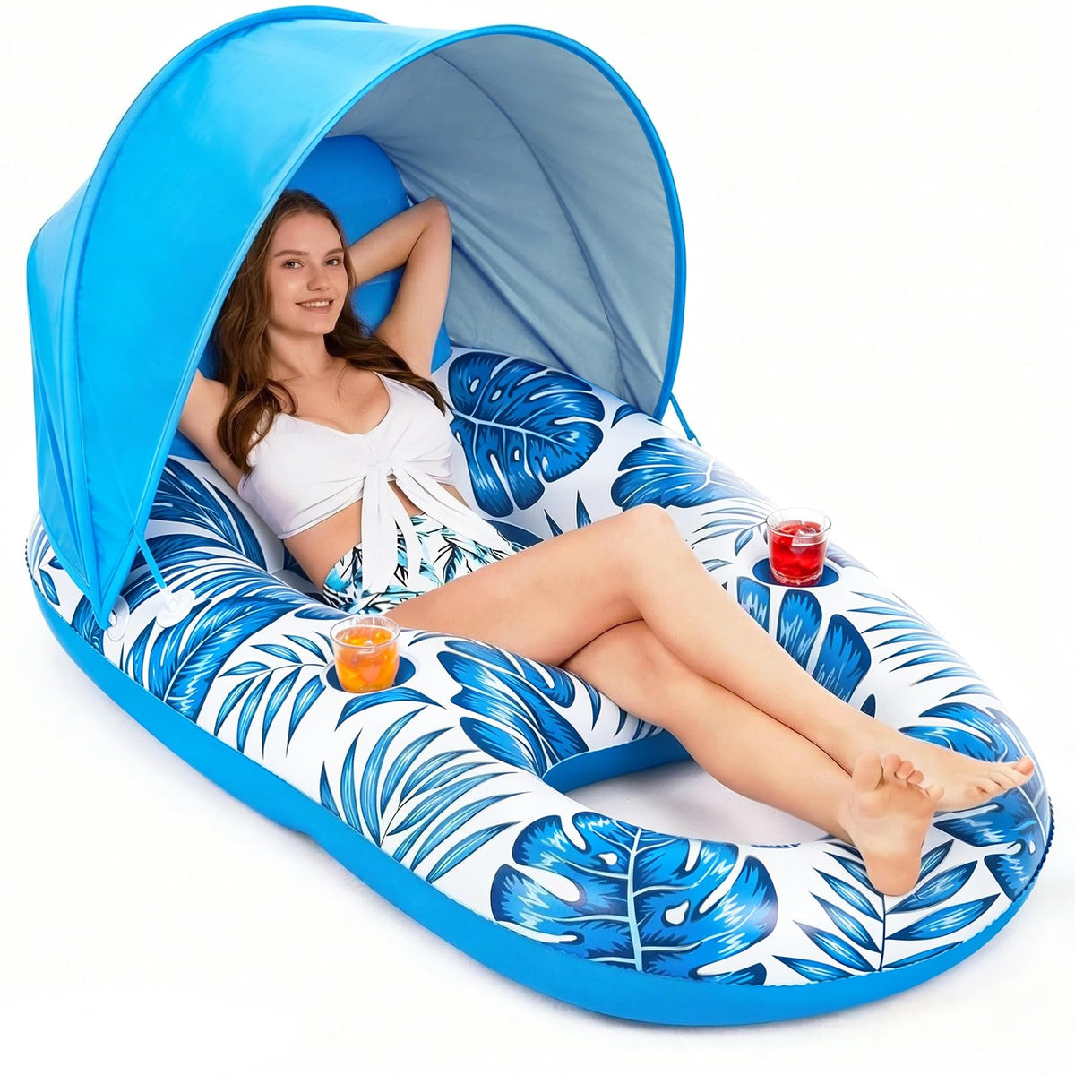 Inflatable Pool Float Lounger with Canopy and Cup Holders L7549