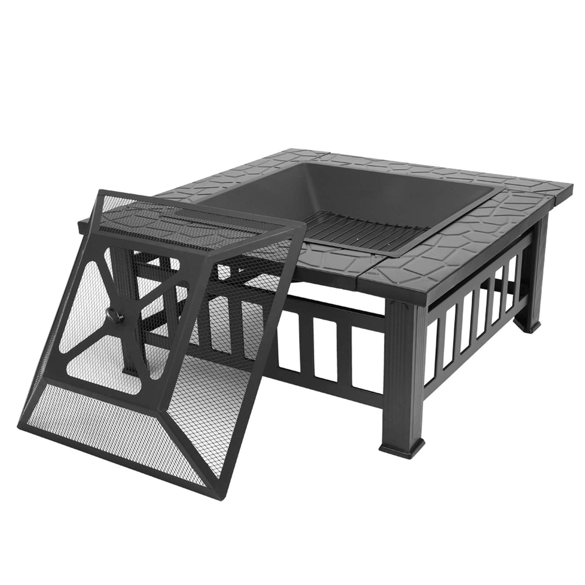 Black 32" Wood Burning Fire Pit Table with Grate, Poker and Spark Screen Cover P2357