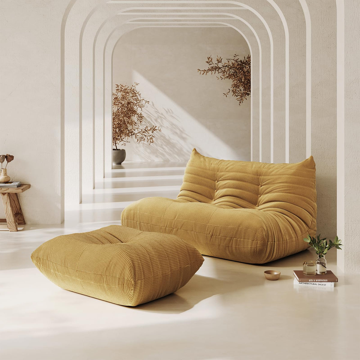 Yellow Corduroy Memory Foam Bean Bag Chair P5661
