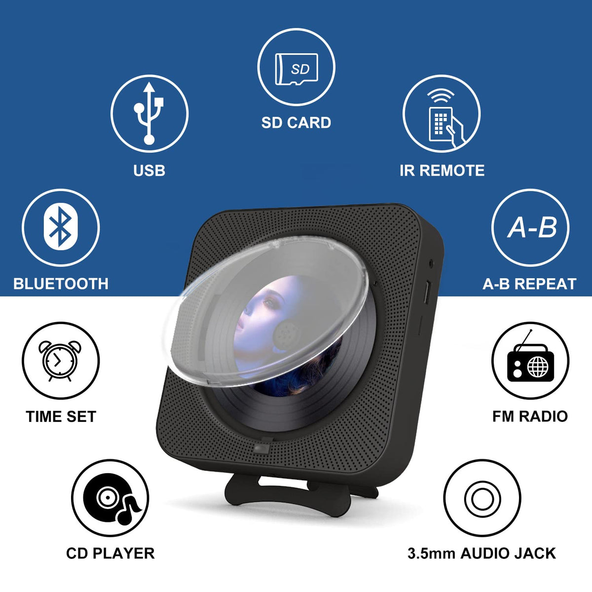 Portable CD Player with Bluetooth, Dual Speakers, LED Display, FM Radio, Black E804674