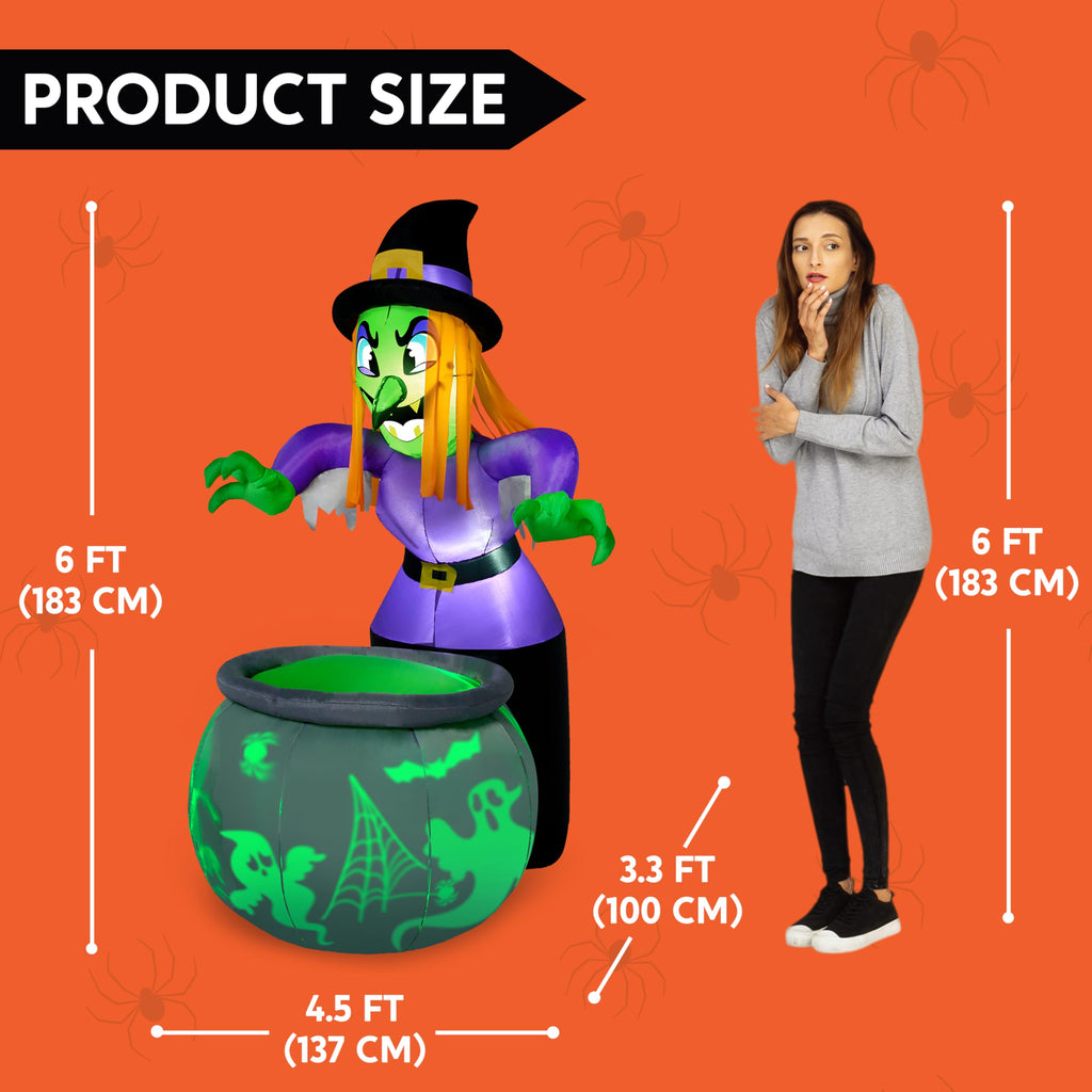 6 Ft Halloween Inflatable Witch and Cauldron Decoration with Green Ghost Light D33209