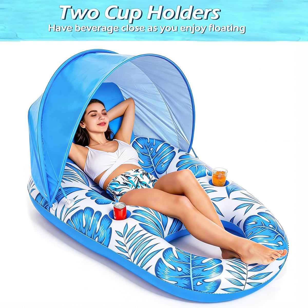 Inflatable Pool Float Lounger with Canopy and Cup Holders L7549
